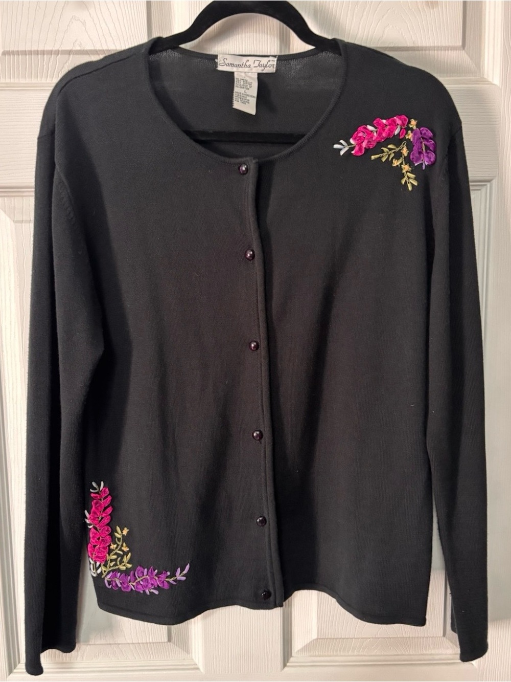 Samantha Taylor Black Cardigan Floral Embroidery Y2K Womens Size L Cottagecore
